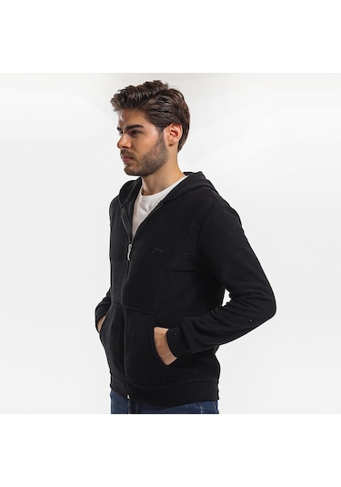 Slazenger SAMSON IN Erkek Fermuarlı Kapüşonlu Cepli Siyah Polar