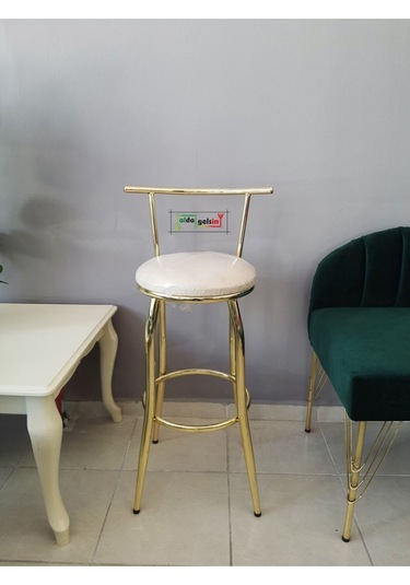 Dekoratif Ultra Lüks Sırtlı Bar Tabure Gold Krem