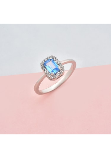 Kuyumcudukkani Yeşil Baget Taşlı "tektaş"yüzük-10437-w-blu Beyaz