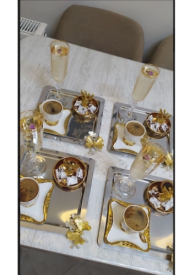 Jasper Paslanmaz Çelik Kare Model Kahve Tepsisi Kelebek Aksesuarlı Lüx Sunum Gri