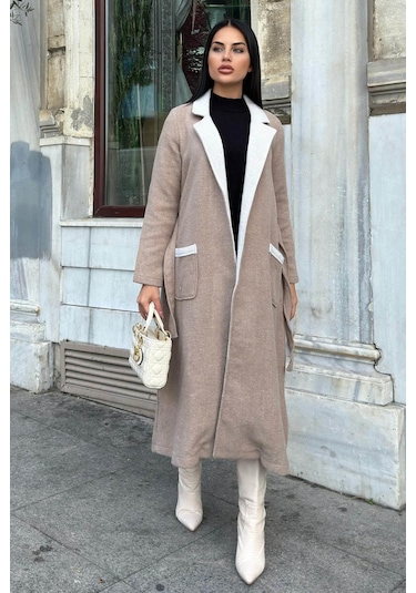 Bej Çift Taraflı Kruvaze Yaka, Kuşaklı, Yumoş Dokulu, Duble Kaşe Uzun Ceket Vizon