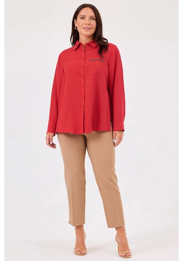 Galaxi Kadın Büyük Beden Taş Detaylı Düğmeli Gömlek 4020 Kırmızı Kırmızı