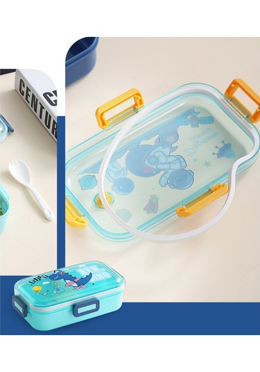 Yeiuyi7 Karikatür Desen İki Bölme Çocuklar İçin Isıtılabilir Öğle Yemeği Kutusu 700ml Mavi