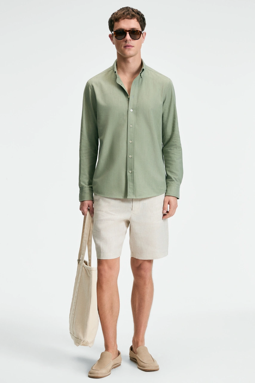 Grımelange Perttu Erkek %100 Pamuk Slim Fit Dar Kesim Düğmeli Yaka Keten Görünümlü Flamlı Haki Gömle Haki