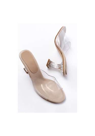 S-619 Bej Rugan Şeffaf Bantlı Şeffaf Topuklu Yuvarlak Burunlu Kadın Terlik Renksiz