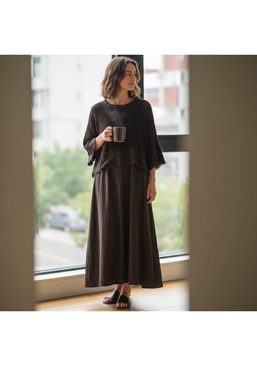 İtalyan Saçak Detaylı Müslin Keteni Yırtmaçlı Elbise - Bluz & 2'li Takım Koyu Kahve
