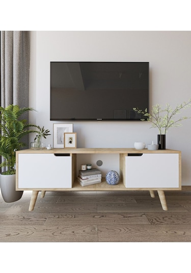 Siena Ahşap Ayaklı Tv Ünitesi Safir Meşe-beyaz Televizyon Konsolu 140 Cm Ekonomik Modül Sehpa