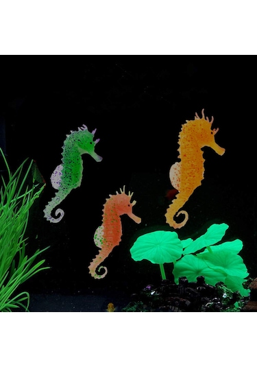 Vkemall Akvaryum Silikon Süslü Deniz Atı: Canlandıran Işıklı Dekoratif 3'lü Set Pembe, Turuncu, Yeşil