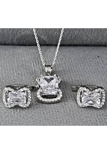 Lilahgümüştr Gümüş Beyaz Taşlı Baget Kadın Kolye Küpe