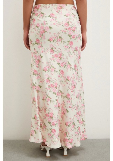 Never More Çiçek Desenli Saten Etek Lila