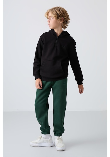 Tommy Life Siyah Pamuklu Kalın İçi Tüylü Yumuşak Dokulu Standart Fit Nakışlı Erkek Çocuk Sweatshirt - 11244 Siyah