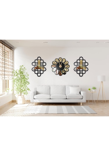 3 Lü Set Duvar Saati Ve Besmele Seti Altın - Siyah