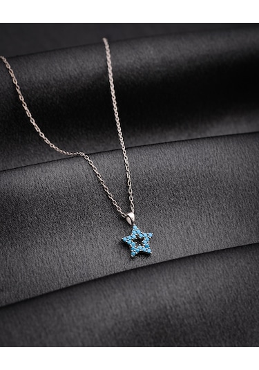 925 Ayar Rodyum Turkuaz Taşlı Yıldız Minimal Gümüş Kolye Rzn10322 Gümüş