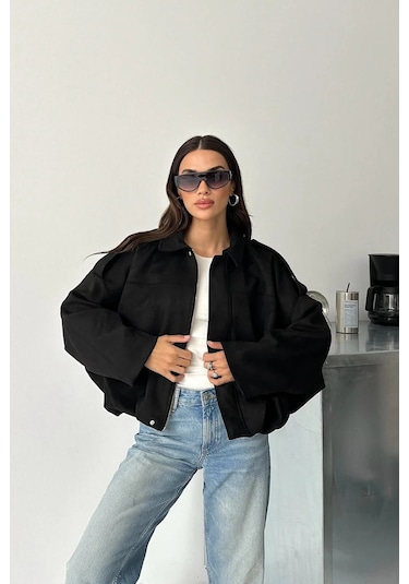 Cemo Basic Crop Gömlek Ceket Shacket Camel Basic, Crop, Gömlek Siyah