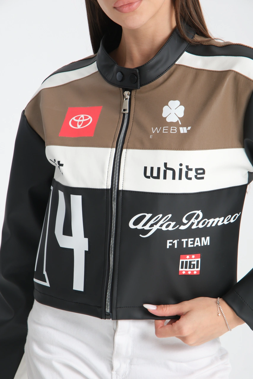 Kadın Oversize Baskılı Deri Şeritli Motorcu Montu Garnili Fermuarlı Yarışçı Ceketi Bomber Kolej Mont Açık Kahve