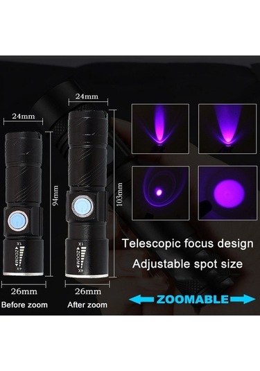 Ebitda Usb Ultraviyole El Feneri Yeşim Tanımlama 395nm Floresan Dedektörü Siyah Kompakt 5w Led Siyah