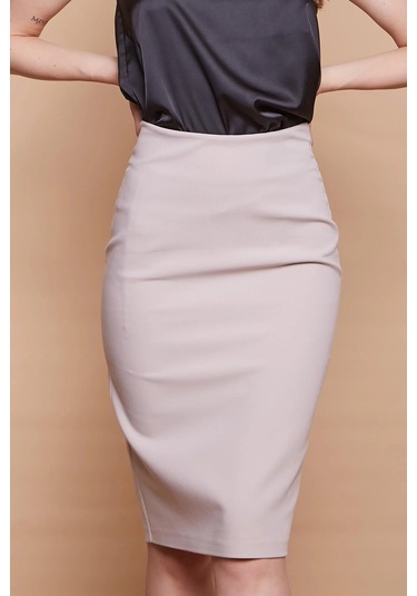 Astarlı Yüksek Bel Diz Altı Hafif Likralı Yırtmaçlı Kumaş Ofis Kalem Etek-taş Taş