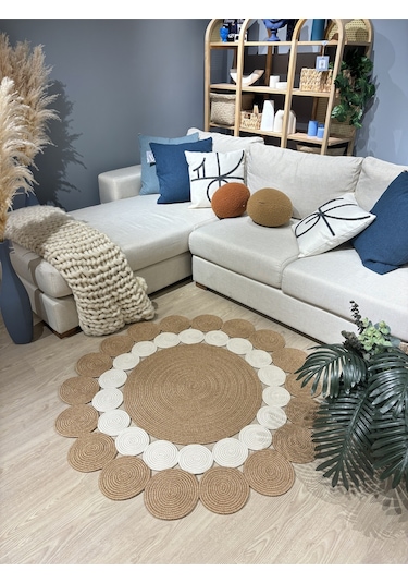 Mavaux Hasır Jüt Çiçek Desenli Kilim Halı Krem - Bej