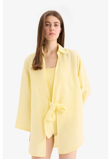 DeFacto Müslin Önden Bağlamalı Plaj Gömleği-Fall in Love B7333AX25SMYL271 Sarı