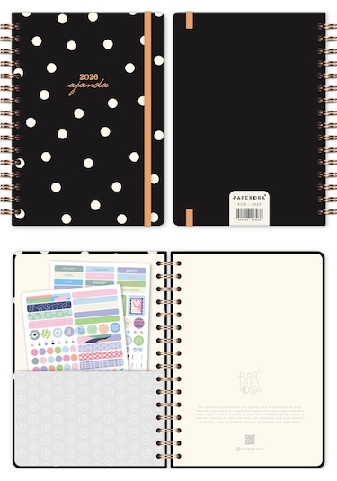 2026 A5 Spiralli Haftalık Ajanda 12 Aylık - Puantiye Siyah Puantiye
