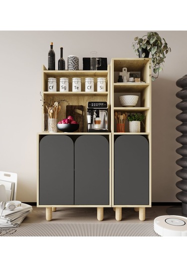 Parma 3 Kapaklı Mutfak Dolap, Kahve Köşesi, Çok Amaçlı Dolap Safir Meşe-antrasit