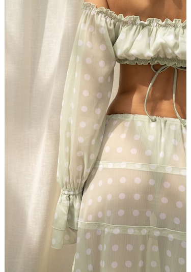 Mai Collection Samos Puantiyeli Yeşil Crop Etek Takım