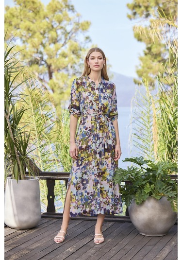 Monamise Kadın Desenli Ve Yırtmaçlı Önü Düğmeli Gömlek Yaka Elbise 25048 Mor