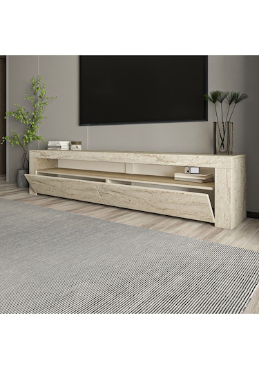 Batı LED Işıklı 2 Kapaklı TV Sehpası – 150 cm – Minimal Tasarım, Traverten