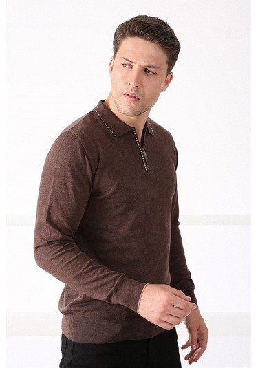 Ferraro Kahve Polo Yaka Fermuarlı Erkek Pamuk Kazak Kahverengi