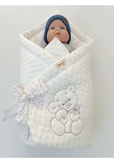 Nohut Bebek Battaniyesi & Kundağı Ayıcık İşlemeli Hastane Çıkışı Yenidoğan Örtü / Yorgan Ekru