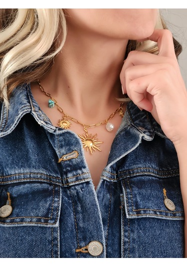 Güneş İnci Firuze Taş Model Charmlı Yaz Beach Plaj Tatil Kolye 46cm Gold
