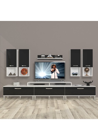 Decoraktiv Ekoflex 8da Slm Krom Ayaklı Tv Ünitesi Tv Sehpası Beyaz - Siyah