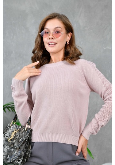 Kadın Bisiklet Yaka Kolları Ajurlu Basic Triko Kazak Pudra
