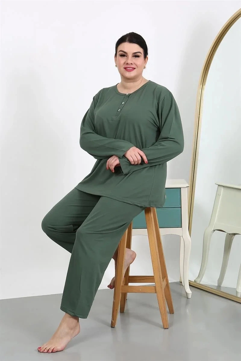 Moda Kadın Büyük Beden Uzun Kol Penye Pijama Takımı Haki Haki