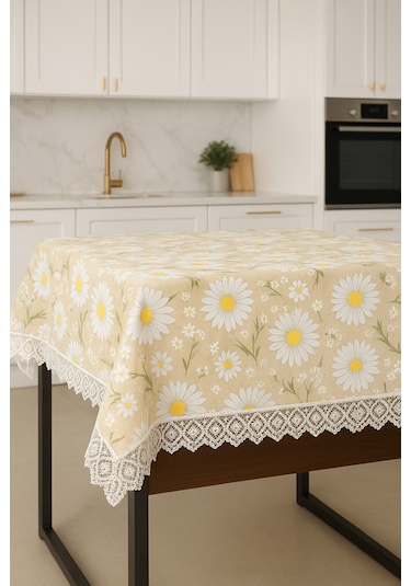 Lüks Papatya Masa Örtüsü - Dantel Süslemeli Modern Tasarım Leke Tutmaz Su Geçirmez Çok Renkli