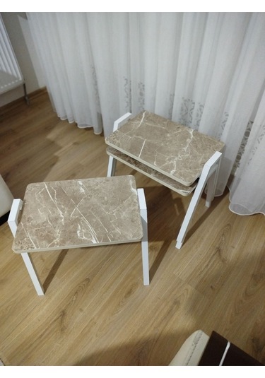 Zigon Sehpa 3'lü Mermer Desenli Tepsi Model Açık Mermer Desen Beyaz Ayak Mermer Desenli