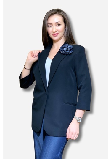Favori Tekstil Gül Aksesuarlı Tasarım Blazer Ceket Siyah