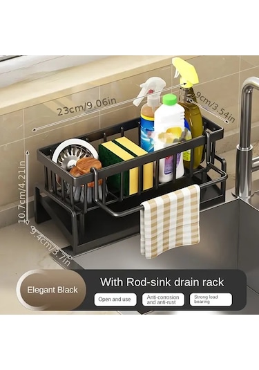 Chenkestoreone Siyah Plastik Lavabo Düzenleyici, Sünger Ve Bez Askılı Ev Kamp Mutfağı Organizer Siyah