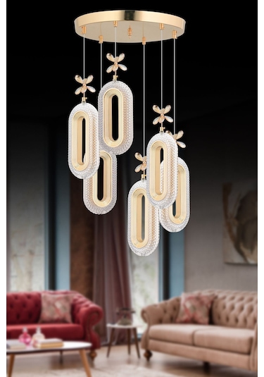 Alfa Led 6'lı Gold 3 Renk Modu Ledli Kristal Taşlı Modern Led Avize Gold