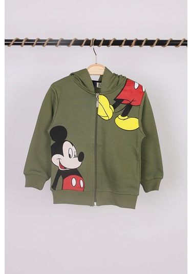 Unisex Çocuk Mickey Mouse Baskılı Haki Renk Mevsimlik Kapüşonlu Hırka Haki