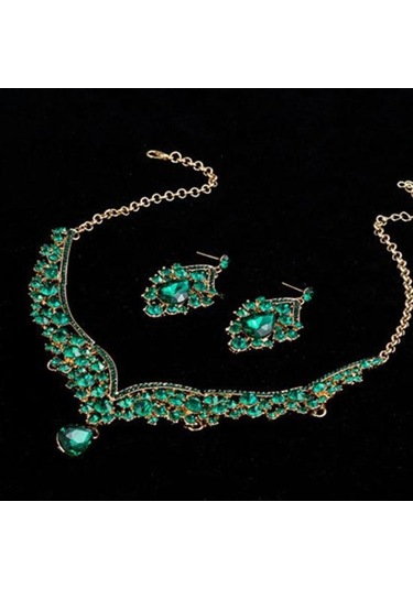 Yeşil 1 Takım Gelin Küpe Kolye Su Damlası Şeklinde Rhinestones Takı Geometrik Ayarlanabilir Takı Seti Düğün İçin Yeşil