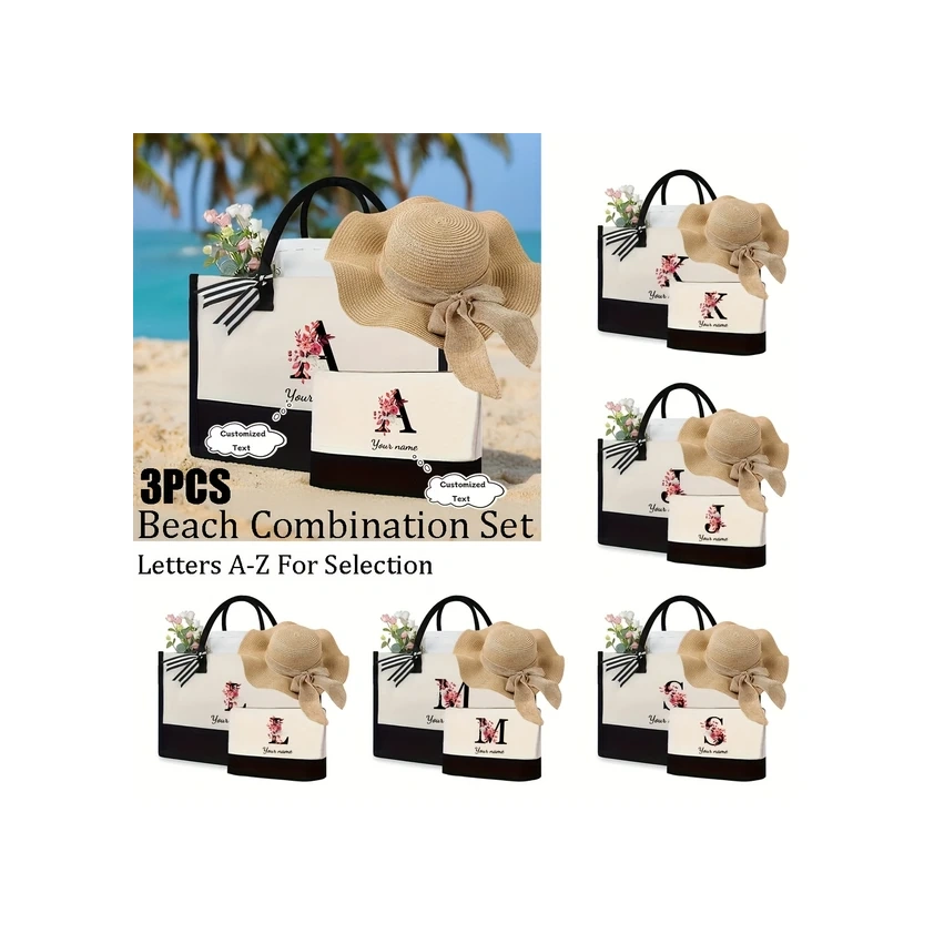 Willowhaven C18 Kahkwa Siyah Renk Bloklu 3 Parça Kişiselleştirilmeli Plaj Çantası Seti C18 Haki Siyah Renk Bloklama + Haki Şapka Model