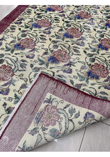 El Dokuma Eskitme 145X240 Kırmızı Mavi Güllü Vintage Yün Halı ! Kırmızı
