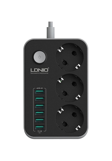Ldnio SE3631 6xUsb Çıkışlı 3'lü Akım Korumalı Priz 2 Metre Siyah