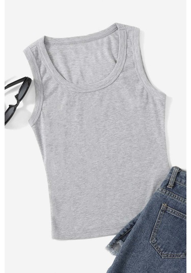 Merry See Düz Renk Kadın Kolsuz Bluz Crop Top Gri