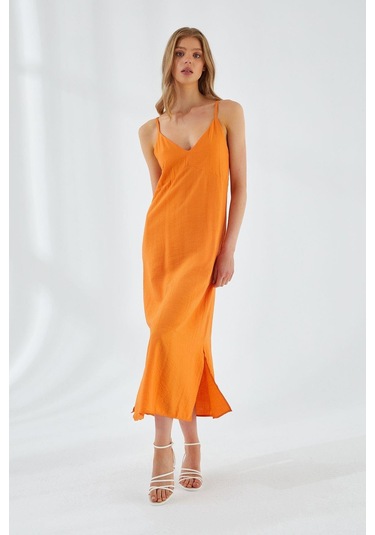 4252 Kadın İp Askılı V Yaka Elbise Turuncu Turuncu