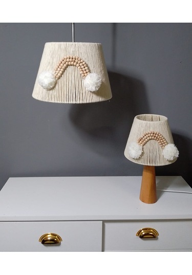 Ekru Makrome Avize Abajur Set Ahşap Boncuklu Bebek Çocuk Odası E27 Uyumlu Ekru