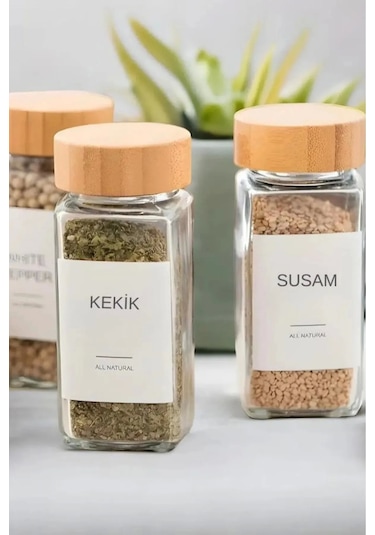 12li Bambu Baharatlık Seti Kapaklı Cam Etiket Hediyeli Bambu