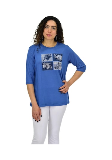 Caftan Kadın Kısa Kol Taşlı Bluz Bgl-st04710 Mavı