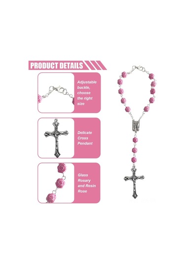 Geeroyoo Gül Desenli İpeksi Boncuklu Tesbih, Haç Tasarımında Kutsal Ayak, Pembe Renkli Dini Aksesuar Beyaz Taşlı Rose